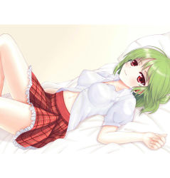 Rule 34 | 1girl, bed, blush, breasts, green hair, highres, kazami yuuka, lying, medium breasts, navel, on back, open clothes, open shirt, partially unbuttoned, red eyes, shirt, short hair, short sleeves, skirt, smile, solo, touhou, wendell