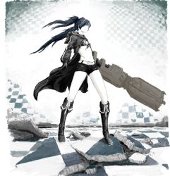 Rule 34 | 10s, 1girl, arm cannon, assist21st, belt, bikini, bikini top only, black rock shooter, black rock shooter (character), blue eyes, boots, checkered background, checkered floor, coat, floor, glowing, glowing eyes, huge weapon, knee boots, long hair, monochrome, navel, perspective, scar, shorts, sketch, solo, spot color, swimsuit, twintails, weapon