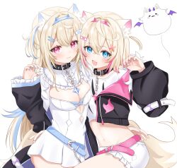 Rule 34 | 0kizakura, 2girls, :3, :d, animal ear fluff, animal ears, bandaid, bandaid hair ornament, belt, belt collar, black collar, black jacket, blonde hair, blue belt, blue eyes, blue hair, blue nails, breasts, cleavage, cleavage cutout, closed mouth, clothing cutout, collar, cropped jacket, cropped shirt, dog ears, dog girl, dog tail, dress, fang, frilled shorts, frills, fur-trimmed jacket, fur trim, fuwawa abyssgard, fuwawa abyssgard (1st costume), hair ornament, hairpin, highres, hololive, hololive english, jacket, large breasts, long hair, looking at viewer, medium hair, mococo abyssgard, mococo abyssgard (1st costume), multicolored hair, multiple girls, nail polish, navel, open mouth, perroccino (fuwamoco), pink belt, pink eyes, pink hair, pink nails, shirt, short shorts, shorts, siblings, sidelocks, sisters, skin fang, smile, spiked collar, spikes, streaked hair, tail, twins, two side up, virtual youtuber, white dress, white shirt, white shorts, x hair ornament