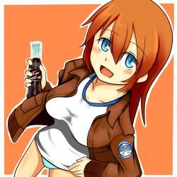 Rule 34 | 1girl, blue eyes, blue panties, blush, breasts, brown jacket, charlotte e. yeager, coca cola, collarbone, damarannkadon, glass, glass bottle, hand on own hip, highres, insignia, jacket, long hair, looking at viewer, medium breasts, open mouth, orange hair, panties, shirt, smile, soft drink, strike witches, t-shirt, underwear, white shirt, world witches series