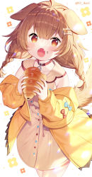 Rule 34 | 1girl, :o, ahoge, animal collar, animal ears, blush, bone hair ornament, braid, brown eyes, brown hair, buttons, collar, commentary request, cowboy shot, dog ears, dog girl, dress, eating, fangs, food, food on face, hair between eyes, hair ornament, highres, holding, holding food, hololive, ikari (aor3507), inugami korone, inugami korone (1st costume), jacket, long hair, long sleeves, looking at viewer, off shoulder, open clothes, open jacket, open mouth, paw pose, red collar, simple background, skin fangs, solo, standing, twin braids, twitter username, virtual youtuber, white background, white dress, yellow jacket