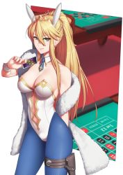 Rule 34 | 1girl, animal ears, artoria pendragon (all), artoria pendragon (fate), artoria pendragon (swimsuit ruler) (fate), bare shoulders, blonde hair, blue necktie, blue pantyhose, braid, breasts, cleavage, clothing cutout, cowboy shot, detached collar, fake animal ears, fate/grand order, fate (series), feather boa, fishnet pantyhose, fishnets, green eyes, highres, holster, large breasts, leotard, long hair, looking at viewer, navel cutout, necktie, pantyhose, playboy bunny, ponytail, putcher, rabbit ears, roulette table, solo, standing, strapless, strapless leotard, table, thigh strap, white leotard, wrist cuffs