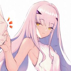 Rule 34 | 1girl, bare shoulders, breasts, brown eyes, dress, melusine (fate), fate/grand order, fate (series), forked eyebrows, highres, long hair, looking at viewer, sidelocks, small breasts, soyogi, white dress, white hair