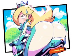 Rule 34 | ..., 1girl, annoyed, ass, bent over, biker clothes, biker rosalina, bikesuit, blonde hair, blue eyes, blue gloves, bodysuit, commentary, crown, earrings, from behind, gloves, highres, jewelry, long hair, looking at viewer, mario (series), mario kart, mario kart wii, nintendo, rariatto (ganguri), rosalina, solo, super mario galaxy, sweatdrop, thick thighs, thighs, twitter username