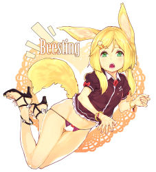 Rule 34 | 1girl, animal ears, bad id, bad pixiv id, bare legs, blonde hair, bow, bow panties, feet, fox ears, fox tail, green eyes, high heels, looking at viewer, open mouth, open shoes, toeless footwear, original, panties, sandals, shoes, short sleeves, solo, subachi, tail, toes, underwear