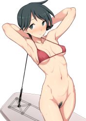 Rule 34 | 1girl, armpits, arms behind head, arms up, bikini, bikini top only, black eyes, black hair, bottomless, breasts, closed mouth, cowboy shot, female pubic hair, highres, kantai collection, kumadano, legs together, looking at viewer, mogami (kancolle), navel, no pupils, pubic hair, red bikini, short hair, simple background, small breasts, solo, standing, sweat, sweatdrop, swimsuit, white background
