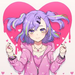 Rule 34 | 1girl, ashika (yftcc948), black nails, bracelet, collarbone, dripping, finger heart, green hair, hair ornament, hairclip, heart, highres, hood, hoodie, jewelry, long sleeves, looking at viewer, multicolored hair, nail polish, necklace, original, piercing, pink hoodie, purple eyes, purple hair, ring, shirt, short hair, short twintails, simple background, smile, solo, streaked hair, twintails, two-tone hair, two side up, unzipped, upper body, white background, white shirt, x hair ornament