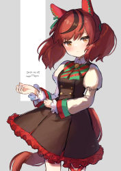 Rule 34 | 1girl, absurdres, animal ears, bow, bowtie, brown dress, brown hair, closed mouth, collared shirt, cowboy shot, dated, dress, frilled sleeves, frills, green bow, green bowtie, highres, horse ears, horse girl, horse tail, juliet sleeves, long sleeves, nice nature (umamusume), noamem, puffy sleeves, red bow, red bowtie, shirt, short hair, short twintails, solo, tail, twintails, umamusume, white sleeves, yellow eyes