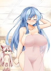 Rule 34 | 2girls, ahoge, alternate hair color, arm at side, arms at sides, bare shoulders, behind another, blue hair, blue pubic hair, blush, bow, breast envy, breasts, chibi, closed eyes, closed mouth, collarbone, colored eyelashes, curvy, derivative work, expressionless, flat chest, fujiwara no mokou, gradient hair, grey hair, hair between eyes, hair bow, hand in own hair, hip focus, huge breasts, indoors, kamishirasawa keine, light blue hair, long hair, looking at another, motion lines, multicolored hair, multiple girls, navel, nipples, nose blush, onsen, open mouth, pink hair, puffy nipples, sauna, see-through, shiny skin, sidelocks, standing, staring, steam, stomach, thighs, touhou, towel pull, two-tone hair, very long hair, zetsumame