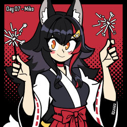 Rule 34 | 1girl, absurdres, alternate costume, animal ear fluff, animal ears, artist logo, black hair, black kimono, blush, blush stickers, border, breasts, choker, closed eyes, closed mouth, commentary, dated, english commentary, fireworks, hair between eyes, hair intakes, hair ornament, hakama, highres, holding fireworks, hololive, iqbal fauzi, japanese clothes, kimono, long hair, looking at viewer, medium breasts, multicolored hair, nontraditional miko, ookami mio, orange eyes, polka dot, polka dot background, red background, red choker, red hair, red hakama, sidelocks, smile, solo, sparkler, streaked hair, two-tone hair, upper body, virtual youtuber, wide sleeves, wolf ears, wolf girl