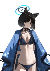 Rule 34 | 1girl, absurdres, animal ears, arm behind back, bikini, black bikini, black choker, black hair, blue archive, blue halo, bob cut, breasts, cat ears, cat girl, cat tail, choker, closed mouth, collarbone, commentary request, halo, haori, highres, hitomi (tongshou), japanese clothes, kikyou (blue archive), long hair, looking at viewer, medium breasts, multiple tails, navel, ribbon choker, side-tie bikini bottom, simple background, smile, solo, swimsuit, tail, white background