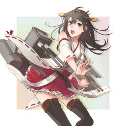 Rule 34 | 10s, 1girl, ahoge, black hair, black thighhighs, boots, brown eyes, cannon, detached sleeves, haruna (kancolle), headgear, japanese clothes, kantai collection, long hair, mecha musume, nontraditional miko, open mouth, personification, pleated skirt, skirt, soa, solo, thigh boots, thighhighs, wide sleeves, zettai ryouiki