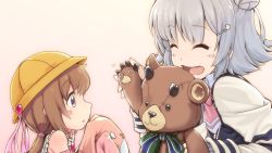 Rule 34 | 2girls, ascot, bare shoulders, bear paws, blazer, blush stickers, bow, bowtie, brown eyes, brown hair, closed eyes, detached sleeves, frilled shirt, frills, grey hair, hair bun, hair ornament, hairclip, hat, highres, holding, holding another&#039;s arm, holding stuffed toy, horns, jacket, koharu rikka, lakiston, long hair, looking at viewer, multiple girls, neck ribbon, open mouth, pink bow, pink bowtie, ribbon, school hat, shirt, short hair, smile, striped ribbon, stuffed animal, stuffed rabbit, stuffed toy, takeda yukimura, teddy bear, tsukuyomi ai, upper body, voiceroid, waving, yellow headwear