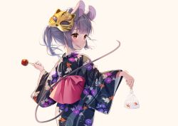 Rule 34 | 1girl, :o, alternate hairstyle, animal ears, back bow, bag, bagged fish, black kimono, blunt bangs, blush, bow, brown eyes, candy apple, commentary, fish, floral print, food, grey hair, highres, japanese clothes, kimono, long sleeves, looking at viewer, looking back, mask, mask on head, mouse ears, mouse tail, nagiyu (shirokuma village), nazrin, pink bow, ponytail, simple background, solo, tail, touhou, upper body, white background, wide sleeves, yukata