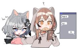 Rule 34 | 2girls, ?, ahoge, animal ears, animal hood, berry, black choker, blobfish, blue eyes, brown eyes, brown hair, brown hoodie, cat ears, choker, crossed bangs, earrings, ears through headwear, eus ing, flower, food, food-themed earrings, food in mouth, giggling, grey hair, hair flower, hair ornament, hair ribbon, hololive, hololive english, hololive indonesia, hood, hood up, hoodie, japanese clothes, jewelry, kimono, lace, lace-trimmed kimono, lace trim, long hair, multicolored hair, multiple girls, nanashi mumei, nanashi mumei (casual), necklace, official alternate costume, oversized clothes, red shirt, ribbon, shirt, sleeves past wrists, streaked hair, sweater, takoyaki, text messaging, two-tone kimono, vestia zeta, vestia zeta (new year), virtual youtuber, white sweater