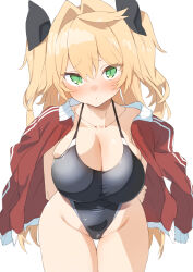 Rule 34 | 1girl, black one-piece swimsuit, black ribbon, blonde hair, blush, breasts, cleavage, collarbone, cowboy shot, green eyes, hair ribbon, highleg, highleg swimsuit, highres, jacket, kz oji, large breasts, long hair, mole, mole under eye, one-piece swimsuit, original, pout, red jacket, ribbon, simple background, slit pupils, solo, swimsuit, thigh gap, white background