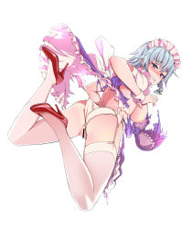 Rule 34 | 1girl, absurdres, ass, bad id, bad pixiv id, bar censor, blue hair, blush, bow, braid, breasts, censored, ddism, frills, frown, garter belt, green bow, hair bow, high heels, highres, izayoi sakuya, large breasts, legs, looking back, maid, maid headdress, nipples, panties, pussy, teeth, thighhighs, torn clothes, touhou, underwear, white background, wrist cuffs