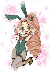 Rule 34 | 1girl, animal ears, big hair, boots, breasts, covered navel, drill hair, fake animal ears, fake tail, floral background, green eyes, green leotard, high heel boots, high heels, idolmaster, idolmaster cinderella girls, kusakabe wakaba, leotard, light brown hair, long hair, maid headdress, open mouth, pantyhose, playboy bunny, rabbit ears, rabbit tail, small breasts, smile, solo, standing, standing on one leg, tail, very long hair, wrist cuffs, yakou kino