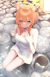 Rule 34 | 1girl, animal ears, blue archive, blue eyes, bucket, closed mouth, commentary request, hair bun, halo, hand on own chest, hand up, highres, long hair, mari (blue archive), naked towel, onsen, orange hair, single side bun, sitting, smile, soaking feet, thighs, towel, wooden bucket, yellow halo, yoshiki 3821