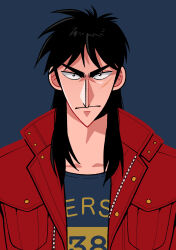 Rule 34 | 1boy, absurdres, black eyes, black hair, black shirt, blue background, closed mouth, commentary request, facial scar, frown, fukumoto nobuyuki (style), highres, itou kaiji, jacket, kaiji, long hair, looking at viewer, male focus, medium bangs, official style, open clothes, open jacket, parody, pointy nose, red jacket, scar, scar on cheek, scar on face, shirt, sidelocks, simple background, solo, style parody, upper body, usarinko, v-shaped eyebrows