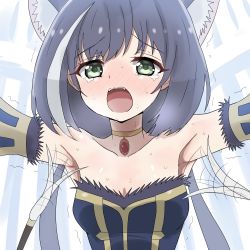 Rule 34 | 1girl, animal ears, black hair, blush, breasts, choker, collarbone, detached sleeves, eyelashes, green eyes, help, highres, karyl (princess connect!), multicolored hair, open mouth, outstretched arms, princess connect!, short hair, small breasts, streaked hair, sweat, tearing up, tekisui, tickle torture, tickling, tickling armpits, trembling, upper body