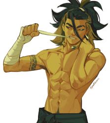 Rule 34 | 1boy, abs, adaman (pokemon), arm tattoo, arm wrap, armpit hair, armpits, brown eyes, clenched teeth, collar, collarbone, commentary, creatures (company), earrings, eyebrow cut, game freak, green hair, hair between eyes, hands up, highres, jewelry, male focus, medium hair, mouth hold, multicolored hair, muscular, muscular male, navel, neck ring, nintendo, orange eyes, padeliciouss, pectorals, pokemon, pokemon legends: arceus, simple background, solo, tattoo, teeth, topless male, twitter username, white background