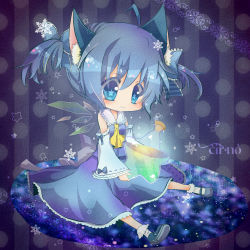 Rule 34 | 1girl, :3, alternate costume, animal ears, ascot, aya-0w0, bad id, bad pixiv id, blue hair, blush, bottle, cat ears, cat girl, cirno, detached sleeves, dress, female focus, hair ornament, hair ribbon, ice, ice wings, japanese clothes, ribbon, short hair, sitting, solo, star (symbol), touhou, wings