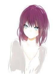 Rule 34 | 1girl, blue eyes, blush, breasts, cardigan, cleavage, collarbone, jacket, looking away, looking to the side, lpip, open clothes, open jacket, original, purple hair, shirt, short hair, simple background, sketch, small breasts, solo, upper body, white background, white shirt