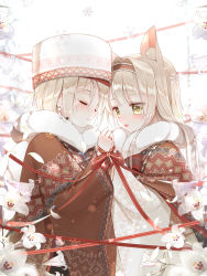 Rule 34 | 2girls, animal ear fluff, animal ears, blush, bow, brown coat, brown eyes, brown hair, closed eyes, closed mouth, coat, commentary, flower, fur collar, fur hat, hand up, hat, highres, holding hands, long hair, long sleeves, multiple girls, original, parted lips, petals, red bow, red ribbon, ribbon, siloteddy, smile, snowflakes, striped, striped bow, white flower, white headwear, wide sleeves