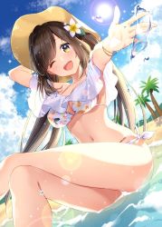Rule 34 | 1girl, ;d, arm behind head, arm up, armpits, ass, beach, bikini, blue sky, bracelet, breasts, brown eyes, brown hair, cleavage, cloud, cloudy sky, collarbone, crossed legs, day, flower, hair flower, hair ornament, hat, jewelry, long hair, looking at viewer, masuishi kinoto, medium breasts, navel, one eye closed, open mouth, original, outdoors, outstretched arm, palm tree, sarong, sitting, sky, smile, solo, sun, sun hat, sunlight, swimsuit, thighs, tree, twintails, water, water drop, wet, white bikini, white flower