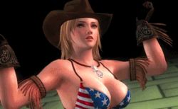 Rule 34 | 1girl, 3d, american flag, american flag bikini, american flag print, animated, animated gif, ass, bikini, bikini top only, blonde hair, blue eyes, breasts, cleavage, cowboy hat, dead or alive, dead or alive 5, denim, female focus, flag print, hat, jeans, large breasts, leaning forward, lowres, pants, print bikini, short hair, solo, swimsuit, tecmo, tina armstrong