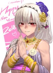 Rule 34 | 1girl, 2018, altera (fate), bandeau, bangle, bare shoulders, blunt bangs, blush, bracelet, dark-skinned female, dark skin, earrings, fate/grand order, fate (series), flower, hair flower, hair ornament, happy new year, i-pan, jewelry, necklace, new year, nose blush, own hands together, parted lips, red eyes, rose, short hair, smile, solo, strapless, tsurime, two-tone background, upper body, veil, yellow flower, yellow rose