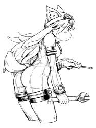 Rule 34 | 1girl, animal ears, aouma, ass, bad id, bad pixiv id, bodysuit, chocolat gelato, cropped legs, cyber connect 2, elbow gloves, furry, furry female, gloves, goggles, greyscale, highres, little tail bronx, long hair, monochrome, solatorobo, solo, tail, wrench