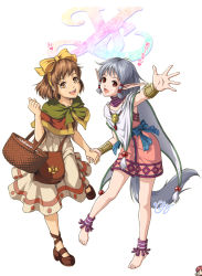 Rule 34 | 1boy, 2girls, :d, adol christin, anklet, bad id, bad pixiv id, bag, barefoot, basket, blue bow, bow, brown eyes, brown footwear, brown hair, cape, copyright name, dress, falcom, grey hair, hair bow, holding hands, handbag, isha (ys), jewelry, looking at viewer, maya (ys), multiple girls, necklace, open mouth, pink skirt, pointy ears, red eyes, red hair, rioreo, shawl, shoes, short hair, signature, skirt, smile, tail, v, white background, yellow bow, ys, ys seven, ys vi, ys vi ark of napishtim