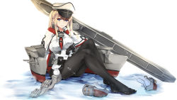 Rule 34 | 10s, 1girl, black pantyhose, blonde hair, blue eyes, breasts, cape, flight deck, graf zeppelin (kancolle), grandgua, hat, highres, kantai collection, large breasts, pantyhose, rigging, shoes, unworn shoes, smile, solo, turret, white background