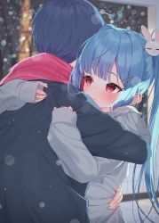 Rule 34 | 1boy, 1girl, ahoge, black hair, black jacket, blue hair, blue nails, blush, breath, commentary request, ear piercing, grey shirt, hair ornament, hairclip, highres, hug, jacket, jewelry, long hair, long sleeves, nail polish, original, parted lips, piercing, rabbit hair ornament, red eyes, red scarf, ring, scarf, shirt, sleeves past wrists, tsukiman, twintails, upper body, very long hair