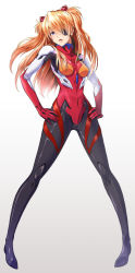 Rule 34 | 10s, 1girl, blonde hair, blue eyes, bodysuit, breasts, evangelion: 3.0 you can (not) redo, eyepatch, gradient background, hair ornament, hands on own hips, highres, long hair, looking at viewer, neon genesis evangelion, open mouth, plugsuit, rebuild of evangelion, small breasts, solo, souryuu asuka langley, tyone