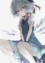 Rule 34 | 1girl, between legs, blue dress, blue eyes, blue hair, cirno, clothes between thighs, collared shirt, commentary request, dress, feet out of frame, grey background, hair between eyes, hair ribbon, hand between legs, hasunokaeru, ice, ice wings, looking at viewer, neck ribbon, puffy short sleeves, puffy sleeves, red ribbon, ribbon, shirt, short sleeves, sitting, sleeveless, sleeveless dress, solo, spread legs, touhou, white shirt, wings