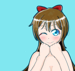 Rule 34 | 1girl, ;), aqua background, aqua eyes, artist name, artist request, bare shoulders, blue eyes, blush, bow, breasts, brown hair, clenched hands, collarbone, female focus, hair between eyes, hair bow, highres, long hair, looking at viewer, love live!, love live! nijigasaki high school idol club, one eye closed, osaka shizuku, parted lips, pink lips, red bow, small breasts, smile, solo, upper body, wink