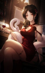 Rule 34 | 1girl, absurdres, ahoge, alcohol, animal, bad id, bad pixiv id, bangle, bare shoulders, black hair, bracelet, breasts, chyopeuteu, cleavage, closed mouth, cocktail dress, criss-cross halter, crossed legs, cup, dress, drinking glass, earrings, flower, frown, hair ornament, halter dress, halterneck, highres, holding, jewelry, long hair, looking at viewer, medium breasts, mole, mole under eye, original, panties, panty peek, red dress, red eyes, red flower, rose, side-tie peek, sitting, sleeveless, sleeveless dress, snake, solo, thighlet, thighs, underwear, wine, wine glass