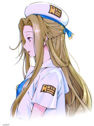 Rule 34 | 1girl, ametsuchi akino, andanden, aria (manga), aria company uniform, beret, blue bow, blue bowtie, blue ribbon, bow, bowtie, brown hair, forehead, hat, hat ribbon, highres, long hair, looking to the side, open mouth, pink eyes, ribbon, short sleeves, sidelocks, signature, simple background, solo, sparkle, undine (aria), upper body, white background, white hat