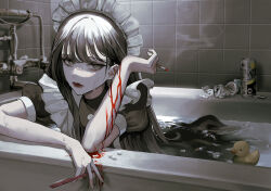 Rule 34 | 1girl, barbell piercing, bathing, bathroom, bathtub, beer can, black dress, black hair, bleeding, blood, blood on arm, blood stain, can, cigarette, cigarette butt, clothed bath, commentary request, crushed can, crying, crying with eyes open, dress, drink can, ear piercing, earrings, frilled dress, frills, grey eyes, highres, holding, holding cigarette, holding knife, indoors, industrial piercing, jewelry, knife, lighter, long hair, maid, maid headdress, maria (maria rose), medicine, original, piercing, puffy short sleeves, puffy sleeves, red lips, rubber duck, self-harm, short sleeves, smoke, smoking, solo, strong zero, tears, tile wall, tiles, wet, wrist cutting