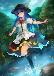 Rule 34 | 1girl, blue hair, blue sky, boots, bow, breasts, cloud, cross-laced footwear, day, food, forest, fruit, harusame-r, hat, highres, hinanawi tenshi, in water, long hair, medium breasts, nature, outdoors, outstretched arms, peach, pond, puffy short sleeves, puffy sleeves, red eyes, rock, sash, shirt, short sleeves, skirt, sky, solo, splashing, standing, standing on one leg, touhou, very long hair, wading