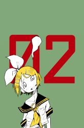 Rule 34 | 1girl, @ @, black sailor collar, blonde hair, bow, collarbone, commentary, cropped shirt, furrowed brow, giving up the ghost, green background, hair bow, head tilt, headphones, highres, ikki (inferiorin), kagamine rin, limited palette, midriff peek, neckerchief, off shoulder, open mouth, parted bangs, sailor collar, school uniform, serafuku, shirt slip, short hair, short sleeves, single bare shoulder, smile, solo, upper body, vocaloid, yellow neckerchief