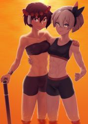 Rule 34 | 2girls, abs, ajna (indivisible), arm around shoulder, bare arms, bea (pokemon), beads, bike shorts, black hairband, bra, bracer, breasts, brown hair, clenched hand, closed mouth, commentary request, creatures (company), crossover, dark-skinned female, dark skin, game freak, grey hair, hair between eyes, hair ornament, hairband, hand on another&#039;s waist, indivisible, multiple girls, navel, nintendo, pokemon, pokemon swsh, putcher, short hair, smile, sports bra, strapless, strapless bra, twilight, underwear, wading, water, wet