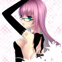Rule 34 | 1girl, bad id, bad pixiv id, black gloves, elbow gloves, glasses, gloves, megurine luka, ouka mai, purple hair, solo, upper body, vocaloid