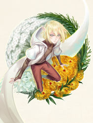 Rule 34 | 1boy, avodkabottle, blonde hair, blue eyes, borrowed character, branch, character check, closed mouth, commentary, elf, eyes visible through hair, fingerless gloves, flower, flower request, gloves, hair between eyes, highres, hooded robe, leaf, long sleeves, male focus, original, pants, pointy ears, robe, shirt, solo