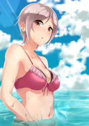 Rule 34 | 1girl, bikini, blue sky, blurry, blush, breasts, brown eyes, cloud, cloudy sky, day, depth of field, front-tie bikini top, front-tie top, grey hair, highres, light rays, looking at viewer, medium breasts, murabito c, navel, original, outdoors, parted lips, partially submerged, pink bikini, short hair, sidelocks, sky, solo, sunbeam, sunlight, swimsuit, upper body