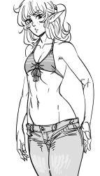 Rule 34 | 1girl, bb (baalbuddy), belt, bikini, bikini top only, breasts, closed mouth, denim, elf, freckles, greyscale, highres, jeans, looking at viewer, midriff, monochrome, navel, no bra, one eye closed, original, pants, pointy ears, ponytail, shirt, small breasts, solo, swimsuit