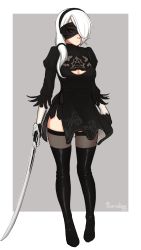 Rule 34 | 1girl, black dress, black gloves, black thighhighs, blindfold, boots, breasts, cleavage, cosplay, dress, full body, gloves, hairband, highres, holding, holding sword, holding weapon, katana, long hair, mole, mole under mouth, nier (series), nier:automata, razalor, solo, sword, thighhighs, thighhighs under boots, weapon, white hair, x-ray, 2b (nier:automata), 2b (nier:automata) (cosplay)
